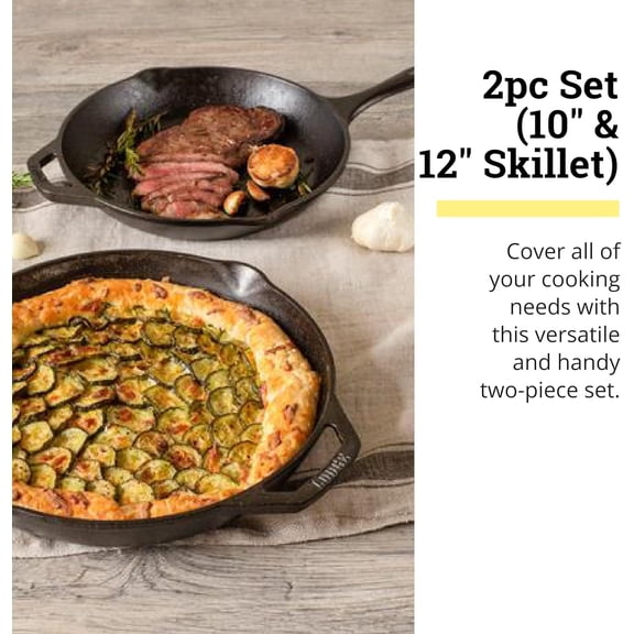 Chef Collection 2pc Cast Iron Skillet Set 10 & 12 Inch Pre-Seasoned Nonstick Frying Pans for Stove Oven Grill