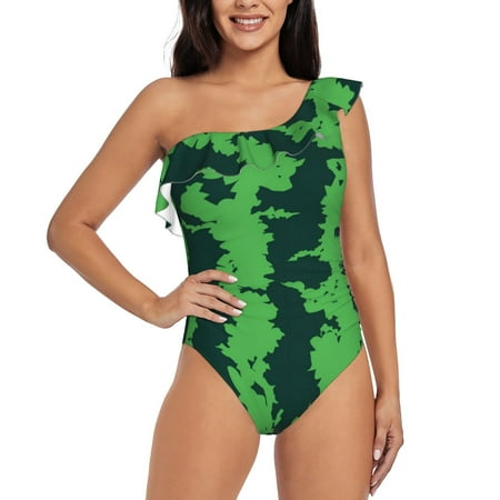Salouo Green Stripes Of Watermelon Pattern One Shoulder Ruffled One Piece Swimsuit for Women V Neck Swimwear Tummy Control Bathing Suit-Large