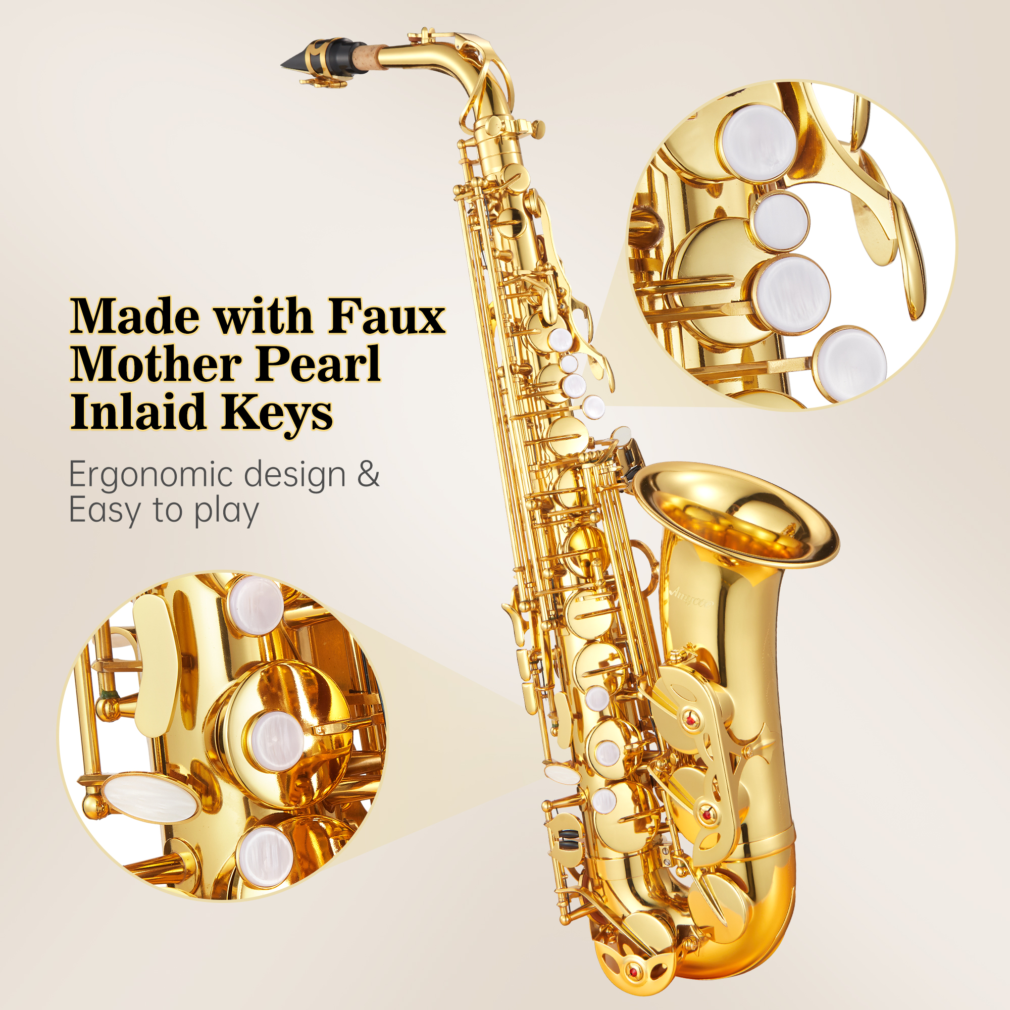 Alto Saxophone E Flat for Beginner Sax Full Kit with Mouthpiece, Straps, Reeds, Stand, Golden Lacquer
