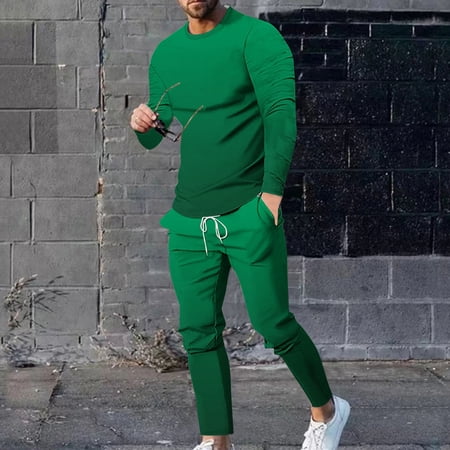 NaWent Suits for men Patchwork Pattern Casual Sets Crew Neck Long Sleeve Home Athletic Two-Piece Set Lounge Set Tracksuit Green 16(XXXXL)