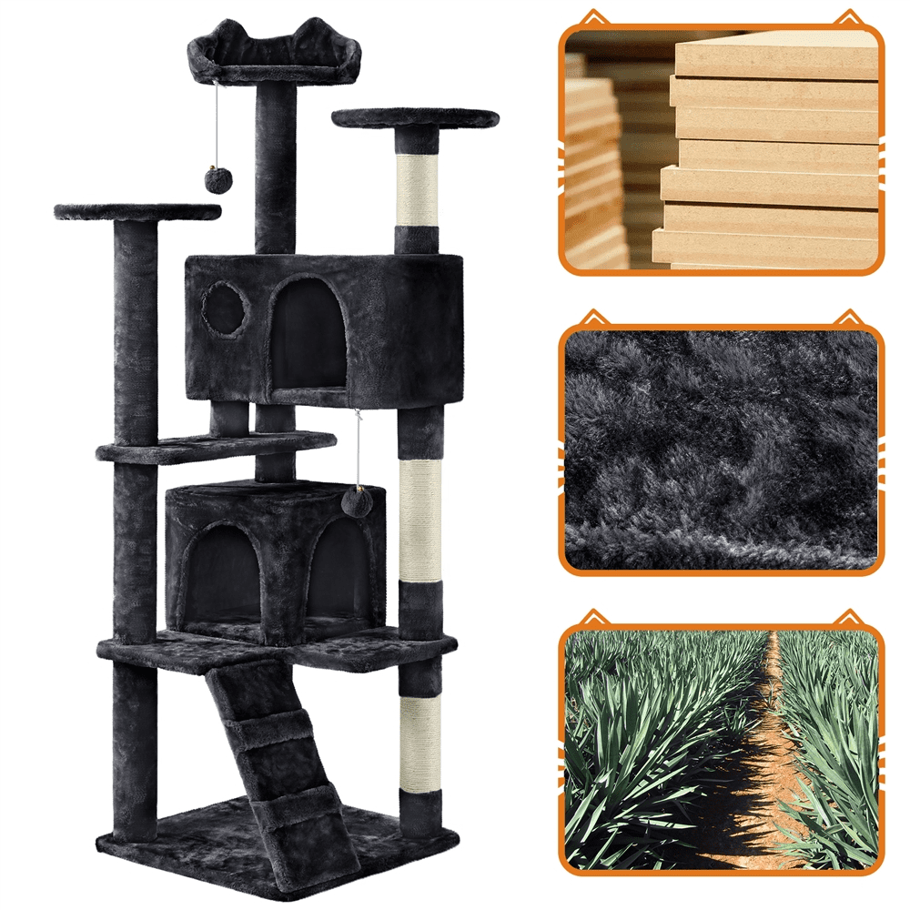 Alden Design 61.5''H Double Condo Cat Tree with Scratching Post Tower, Black