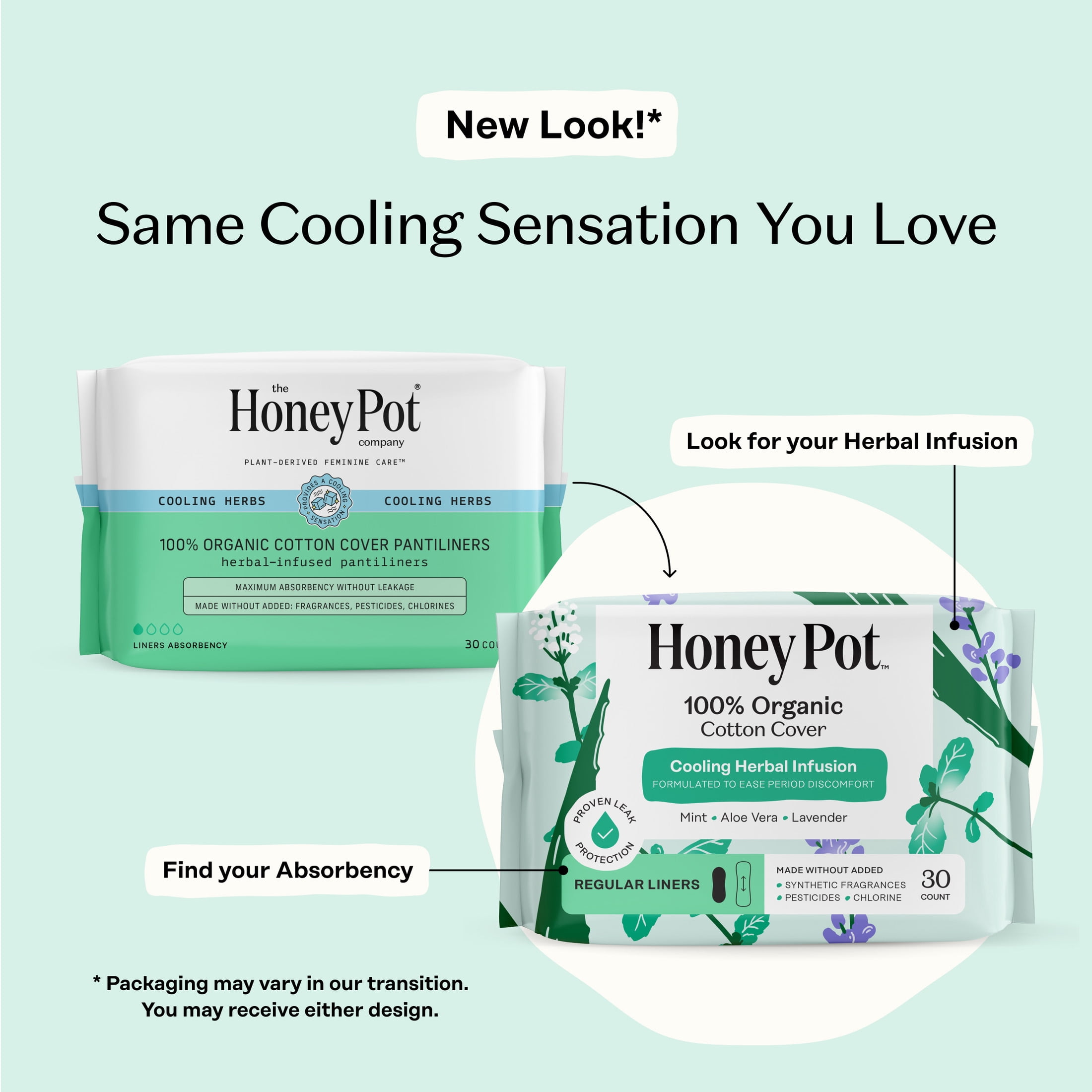 Honey Pot 100% Organic Cotton Cover Cooling Herbal Infusion Long Liners, 30 Count