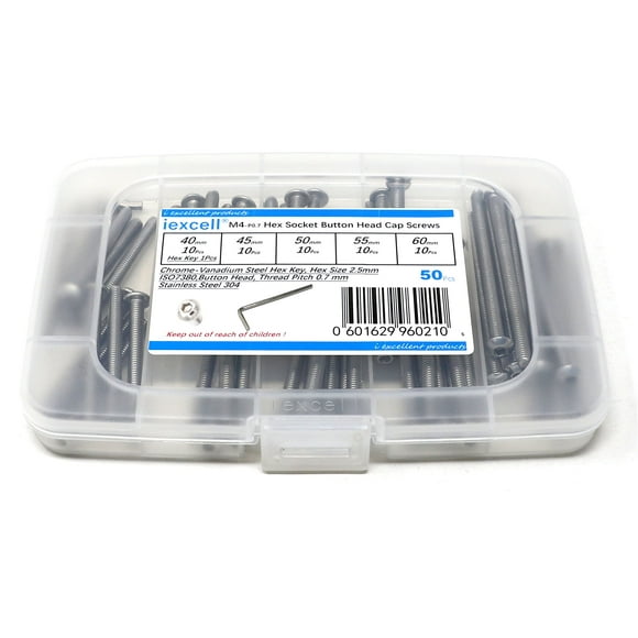iexcell 50 Pcs M4 x 40/45/50/55/60 Stainless Steel 304 Hex Socket Button Head Cap Screws Bolts Assortment Kit