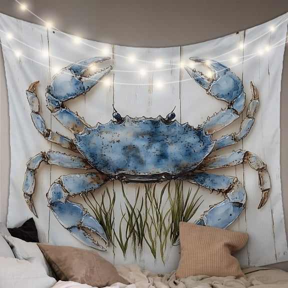 Blue Crab Coastal Small Tapestry for Bedroom Wall Hanging Tapestry, Vintage Beach Nautical Coral Sea Ceiling Backdrop Tapestries Poster Blanket Wall Decor for Teens Room Living Room Dorm 23" x 28"