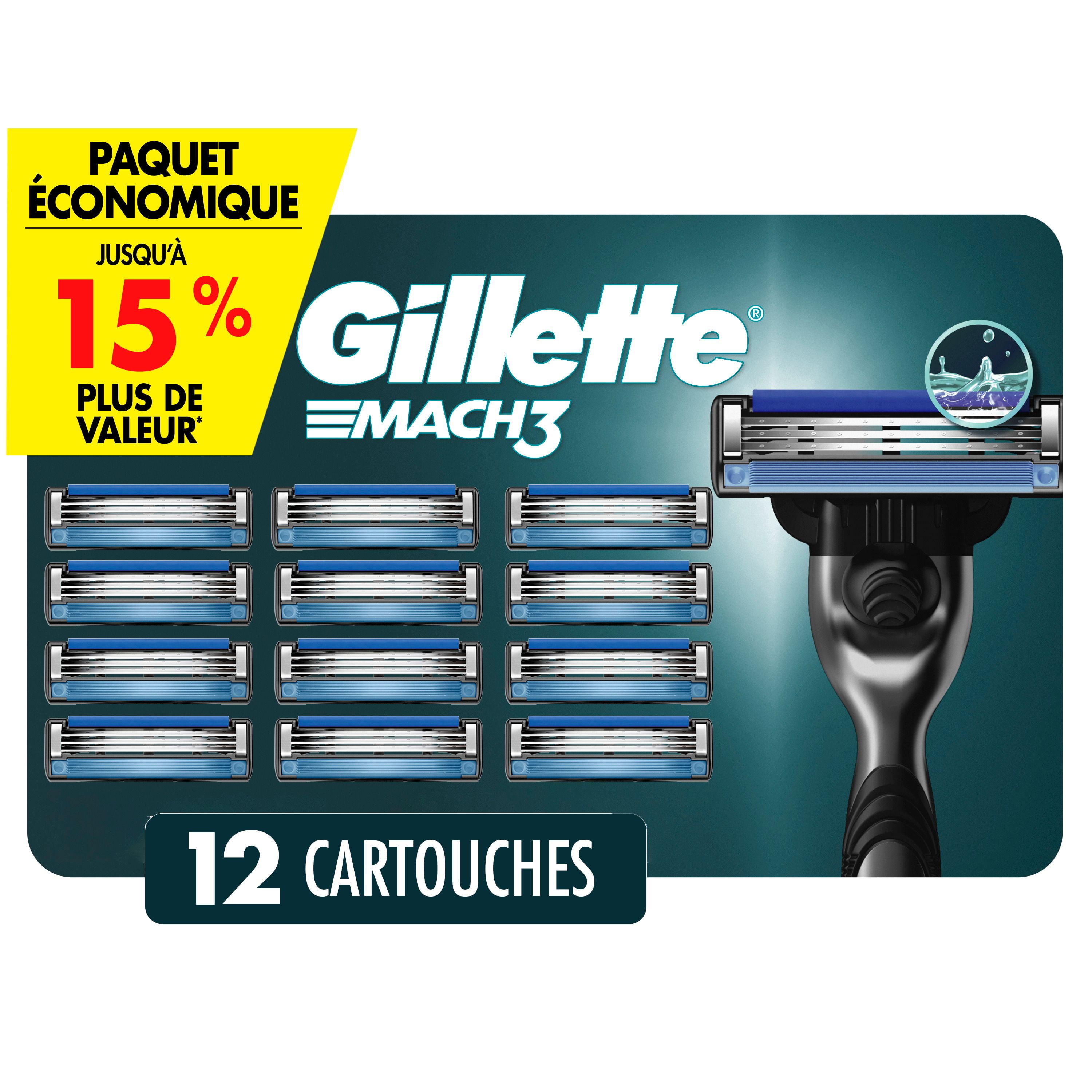 Cartouches de rechange Gillette Mach3, 12 cartouches de rasoir, cartouches de rechange pour hommes avec bande lubrifiante, 3 lames de rasoir pour un rasage de près 12CT