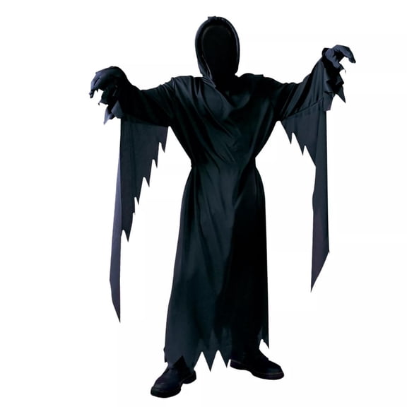 PJKOBMJ Adult Black Hooded Horror Fancy Dress Costume, Jagged Edge Long Robe Outfit with Belt and Gloves for Halloween Party,L