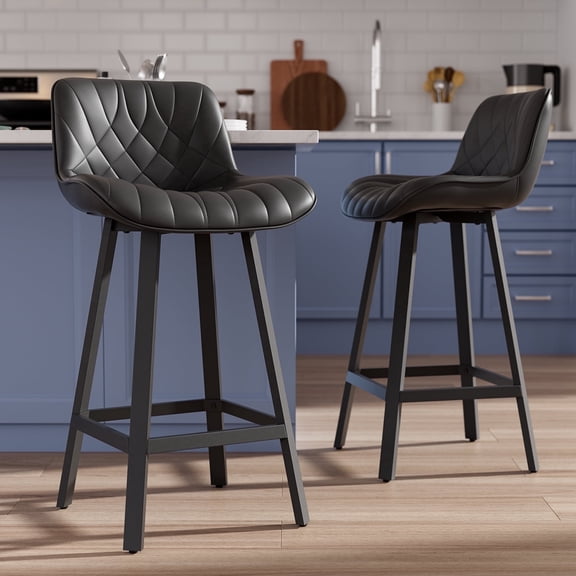 Genpo Bar Stools Set of 2, 26 Inch Barstools with Metal Legs, Black Leather Farmhouse Upholstered Counter Height Bar Stool for Kitchen, Dining, Bar