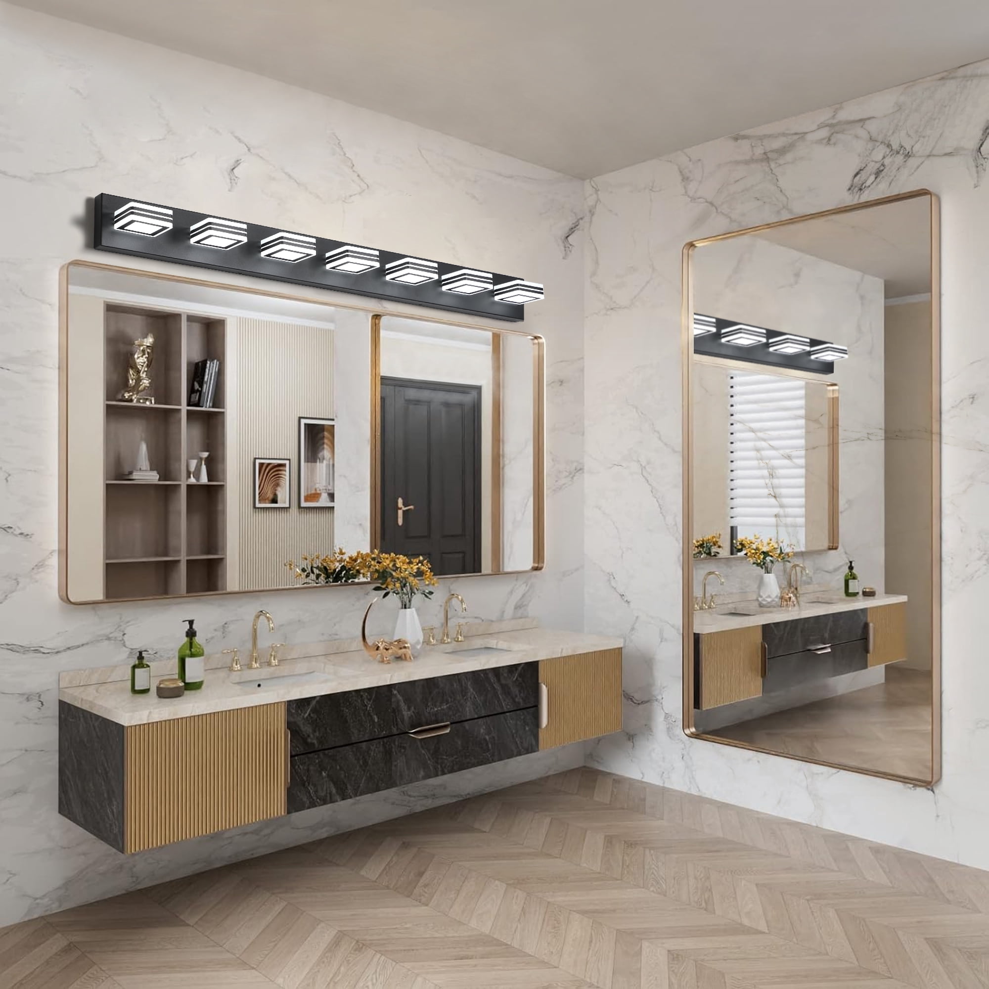 45" Modern Black 7-Light LED Vanity Light, Square Acrylic Lampshade Wall Mount Fixture for Bathroom Mirror Lighting with 180° Rotatable Heads, Energy Saving 50000Hrs