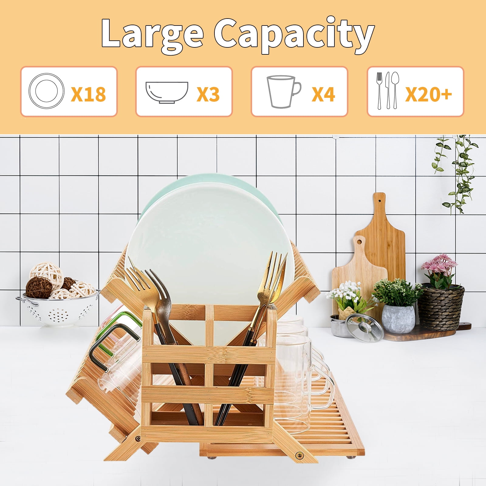 3 Tier Bamboo Dish Drying Rack with Utensil Holder, Collapsible Dish Rack, Large Dish Racks for Kitchen Counter, Wooden Folding Dish Drainer with Dish Drying Mat, with Drying Mat