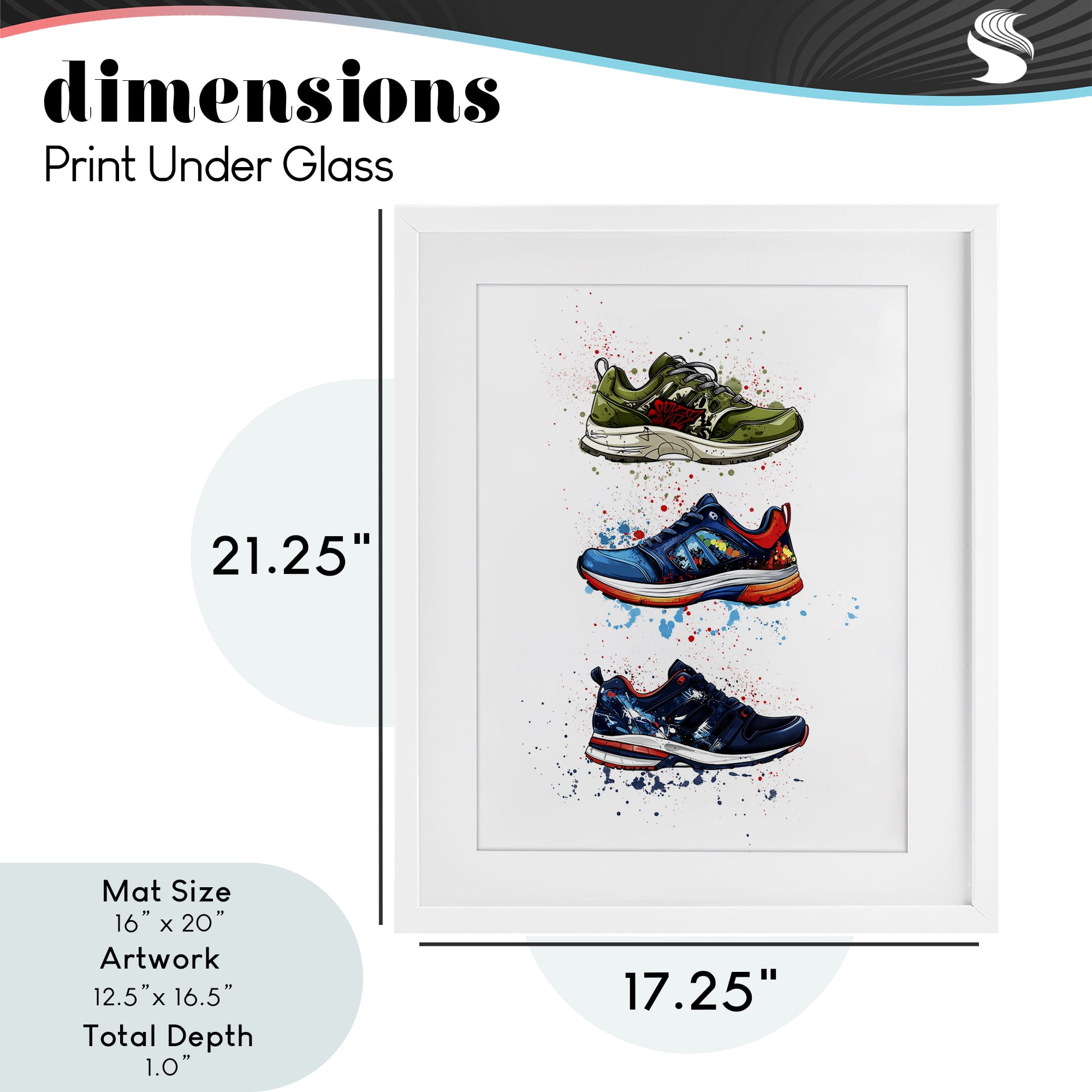 Modern Spray Sneakers White Framed Print Under Glass, design by Christine Simpson Art