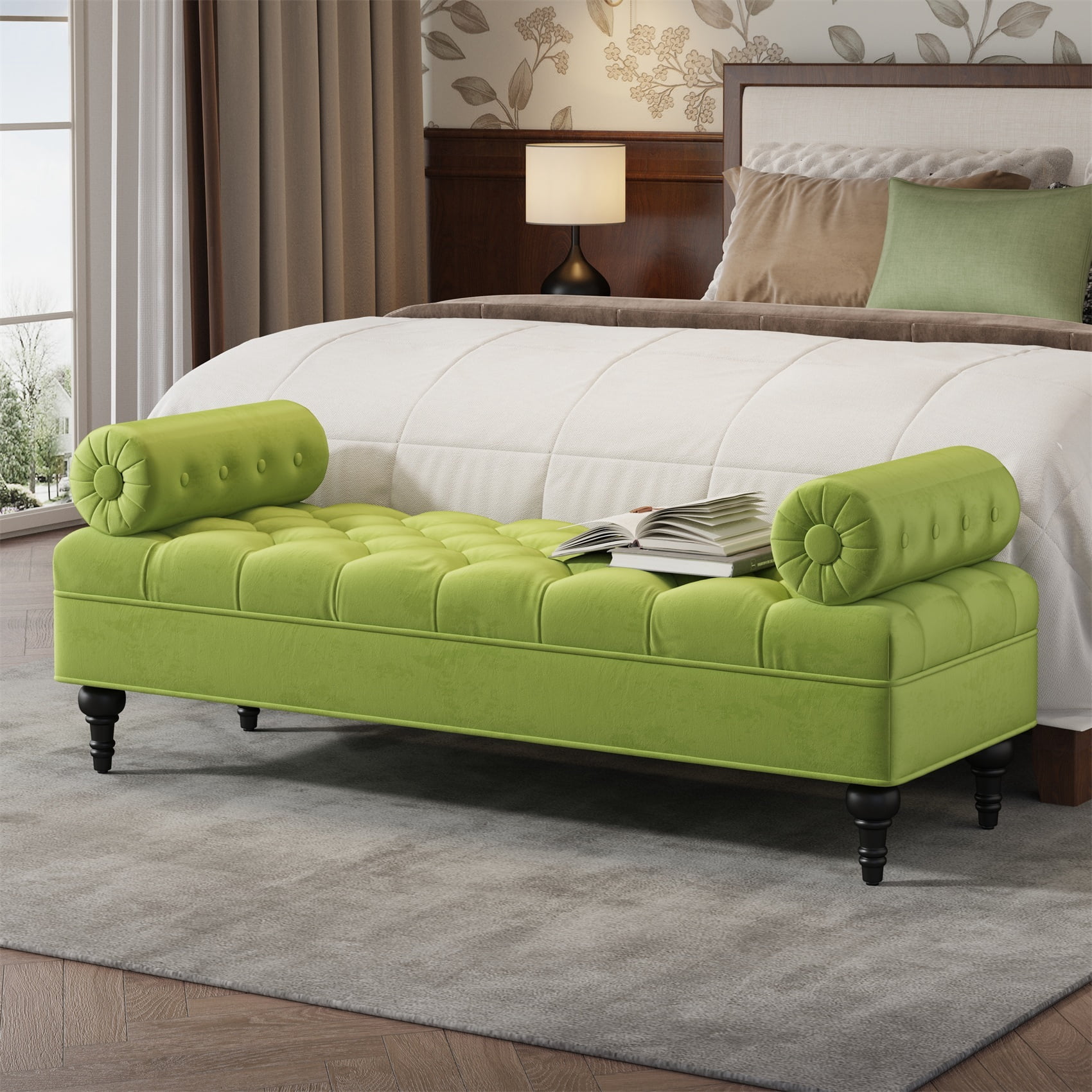 Alvantor Velvet Upholstered Bench with Detachable Pillows for Bedroom, Living Room, Entryway - Green