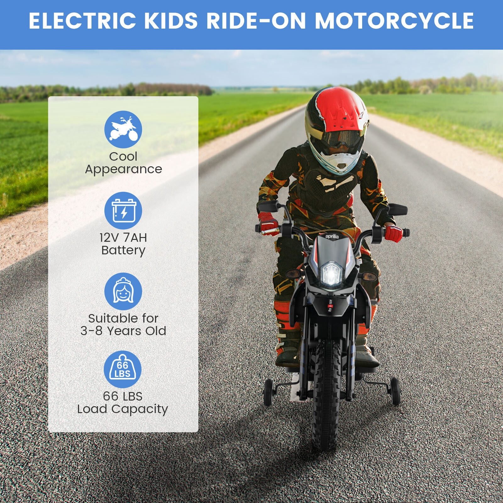 WERSEON Kids Motorcycle 12V, Licensed Aprilia Electric Ride on Motorbike for Toddlers Ages 3-6, Powered Ride on Toy w/ Training Wheels, Blue