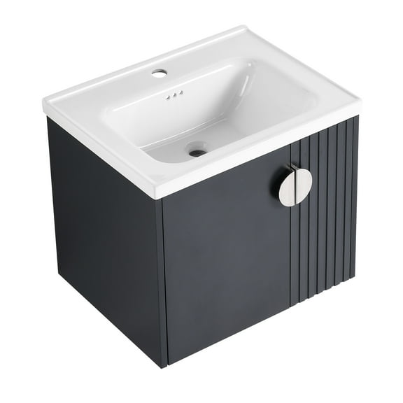 Black 24 Inch Wall Mounted Bathroom Vanity With Sink, For Compact Spaces, Soft Close Doors & Metal Handles Modern Small Quiet