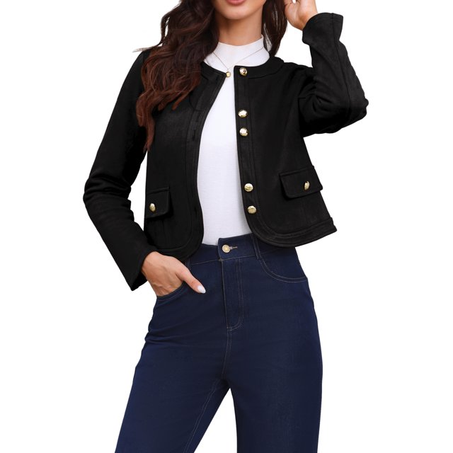 Abrigo Button Down INSPIRE CHIC para mujeres, mangas largas, cuello redondo, chaquetas vintage, negro