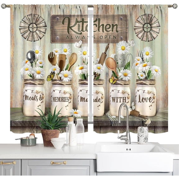Rustic Floral Kitchen Curtains Daisy Farmhouse Vintage Flower Inspirational Small Short Cafe Window Curtains Wooden Country Quotes Living Room Tier Window Treatment Drapes 28x39 Inch