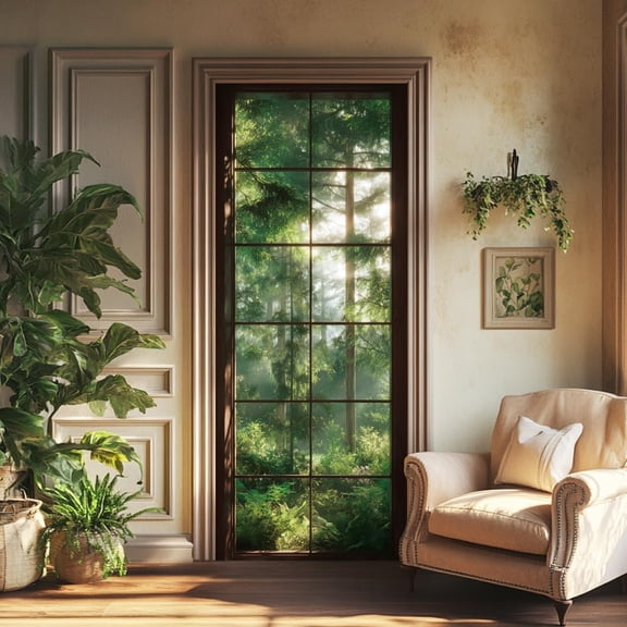 2 Pcs Self-Adhesive Door Stickers 31.5x78.7inch Tree Scenery Green Forest Vintage Wood Frame Pattern Door Murals Stickers