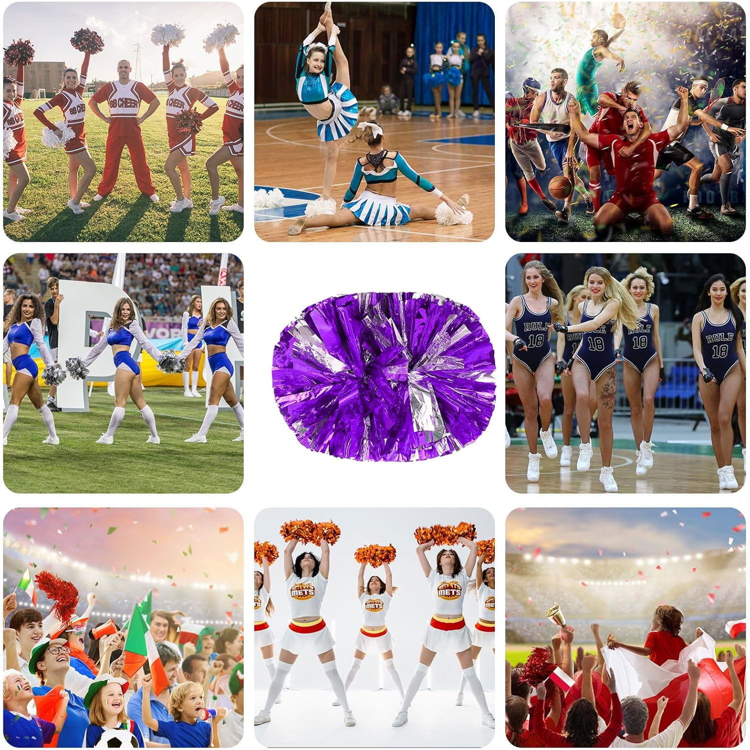 Cheerleader Pom Poms 24 Pack Sports Dance Cheering Plastic Metallic Cheerleading Pom Poms for Kids Adults.