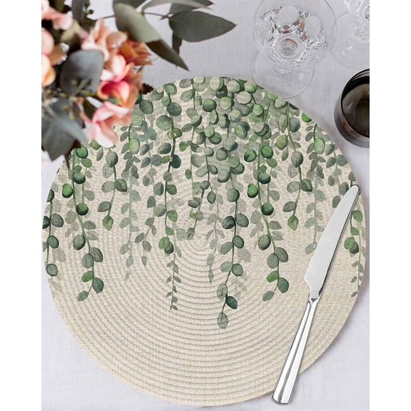 15 Inch Round Placemats Set of 6, Green Eucalyptus Leaves Non Slip Heat Insulation PP Table Mats, Summer Botanical Weeping Rustic Washable Place Mats for Kitchen Dining Party Table Decor