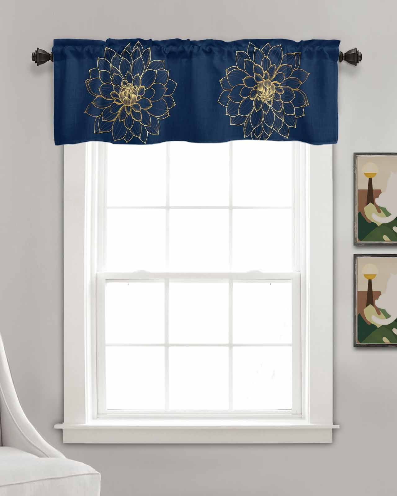 Navy Blue Yellow Spring Floral Kitchen Valances for Windows Farmhouse Linen Window Valance Curtain for Living Room Window Treatment Chic Blossoms Botanical Valance Rod Pocket Topper, 42 x 18 Inch