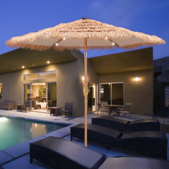 Ainfox 7.5ft Boho Fringe Thatched Tiki Patio Umbrella with Led Solar Lights, Hawaiian Outdoor Bar Umbrella, Water Resistant Canopy for Beach Pool Backyard Deck