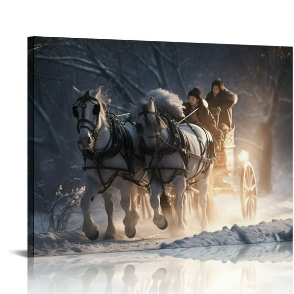 COMIO Horse Drawn Sleigh Canvas Print Snowy Winter Scene Light Up Wall Art with Cardinals, Horse Prints Canvas, christmas wall art, Animal wall art, Framed print, Print