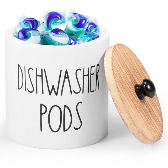 CHUANK Support Rond pour Dosettes de Lave-Vaisselle Contenant de Tablette pour Lave-Vaisselle pour Déco et Accessoires de Cuisine Contenant de Dosettes de Détergent à Lessive en Bois avec Couvercle Contenant de Rangement de Cuisine pour Lessive Po