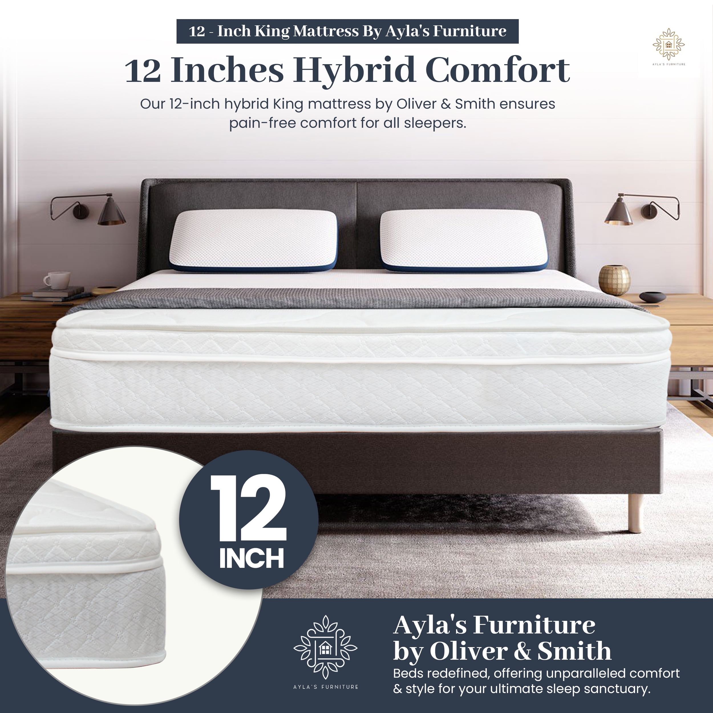 Oliver & Smith Full Mattress 12 inch – Medium Firm Hybrid Mattress with Bonnell Springs – High Density Foam Support – Euro Top Mattress in a Box – Full Size Bed for Kids, Teens, Guests