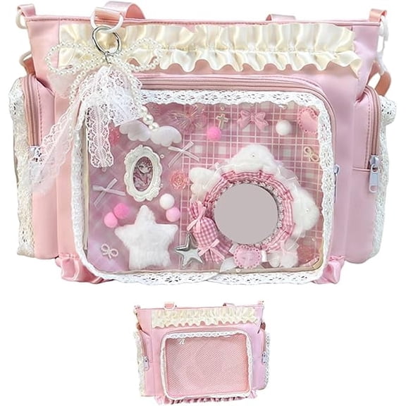 Kawaii Ita Bag with Clear Display Windows - Japanese Lace Ruffle Nylon Messenger Bag, Adjustable Strap, Y2K Cute Handbag for Pins, Badges & Accessories(XX-Pink)