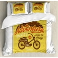 thumbnail image 1 of Adventure Awaits Duvet Cover Set King Size, Retro Poster with Wild and Free Quote Motorbike Mountains Graphic, Decorative 3 Piece Bedding Set with 2 Pillow Shams, Mustard Brown Red, by Ambesonne, 1 of 3