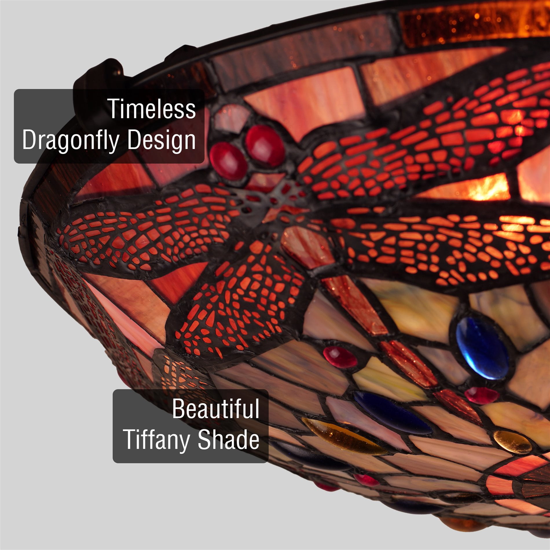 Kira Home Mateo 16" Tiffany Style Flush Mount Ceiling Light, 2-Light Hand-Crafted Art Glass Dragonfly Pattern, Black