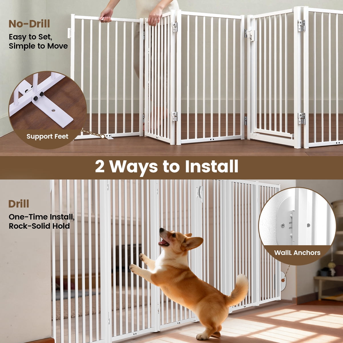 Pet Gate, Domipet 120''Extra Wide Foldable Dog Fence Indoor, 32''Height Dog Gate for Fireplace, Garden, White