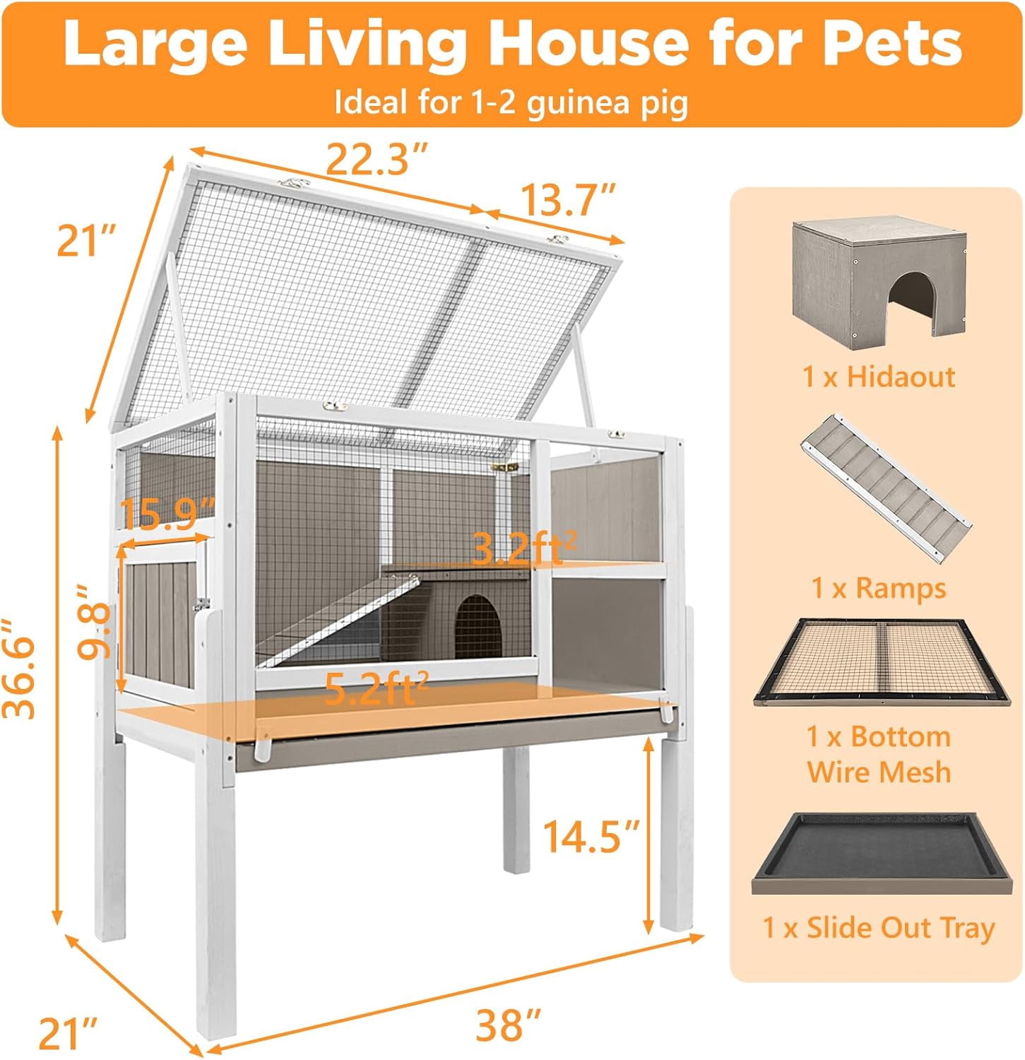 Petsblublu 2-Story Outdoor Indoor Guinea Pig Cages, Wooden Rabbit Hutch with 4 Detachable Legs, Leakage Pull-Out Tray