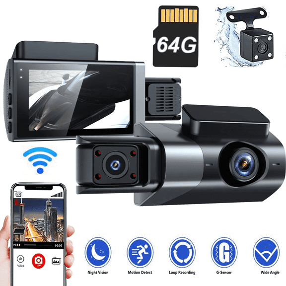 TIKBBRMG Dash Cam Front and Rear, Wi-Fi Dash cam for Cars 1080P Backup Camera, Included 64GB Card,Built-in GPS, 3” IPS Screen, Night Vision, 170°Wide Angle,WDR, 24H Parking Mode