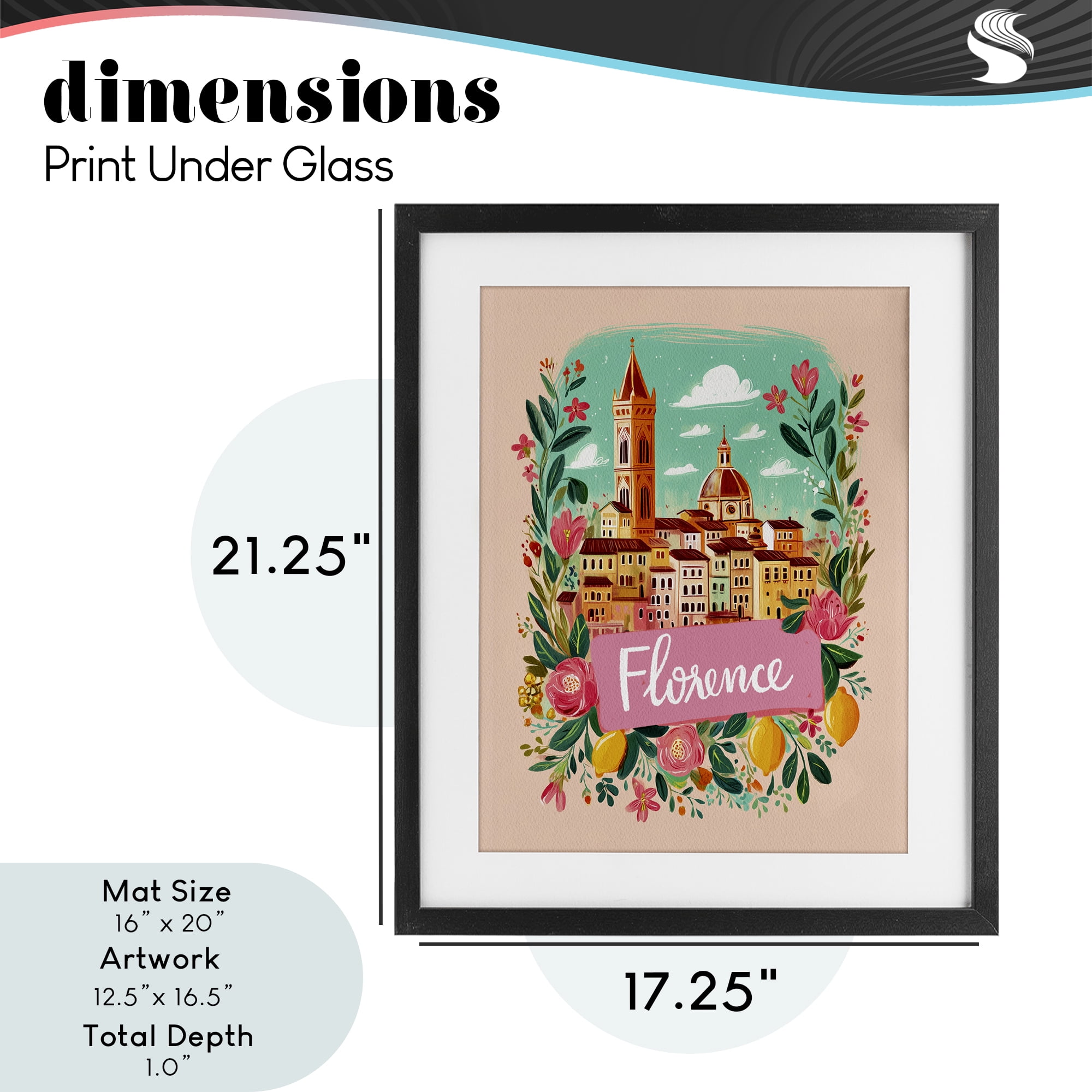 Floral Bordered Florence Black Framed Print Under Glass, design by Yen