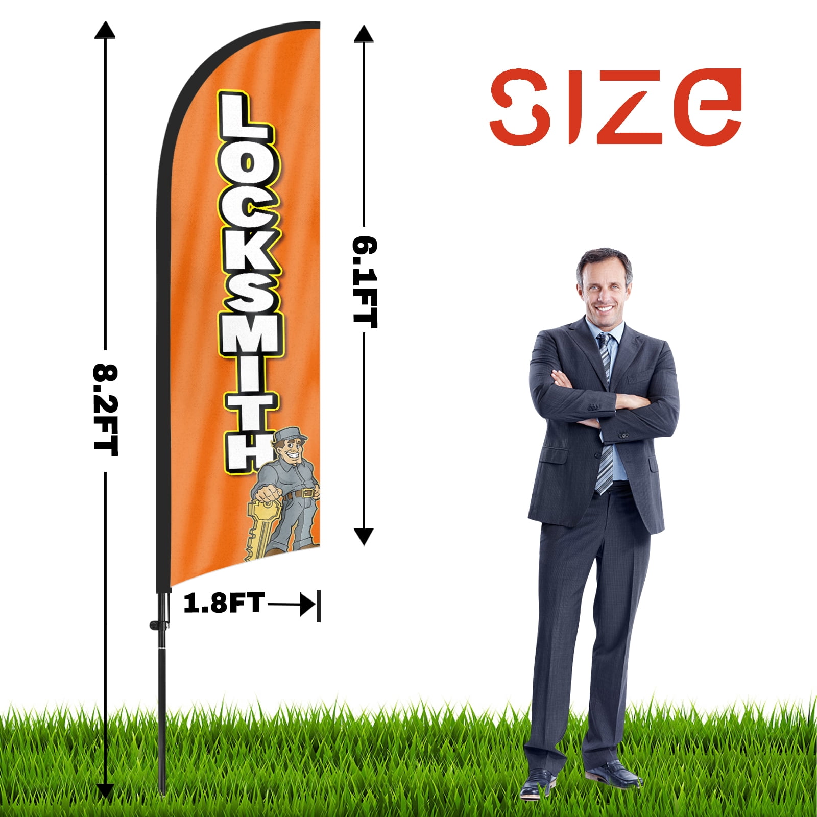 QSUM Locksmith Feather Flag with Flag Pole Kit and Ground Spike, 8.2FT Locksmith Windless Flag Banner Sign Business for Outdoor Advertising Sign Decoration Display