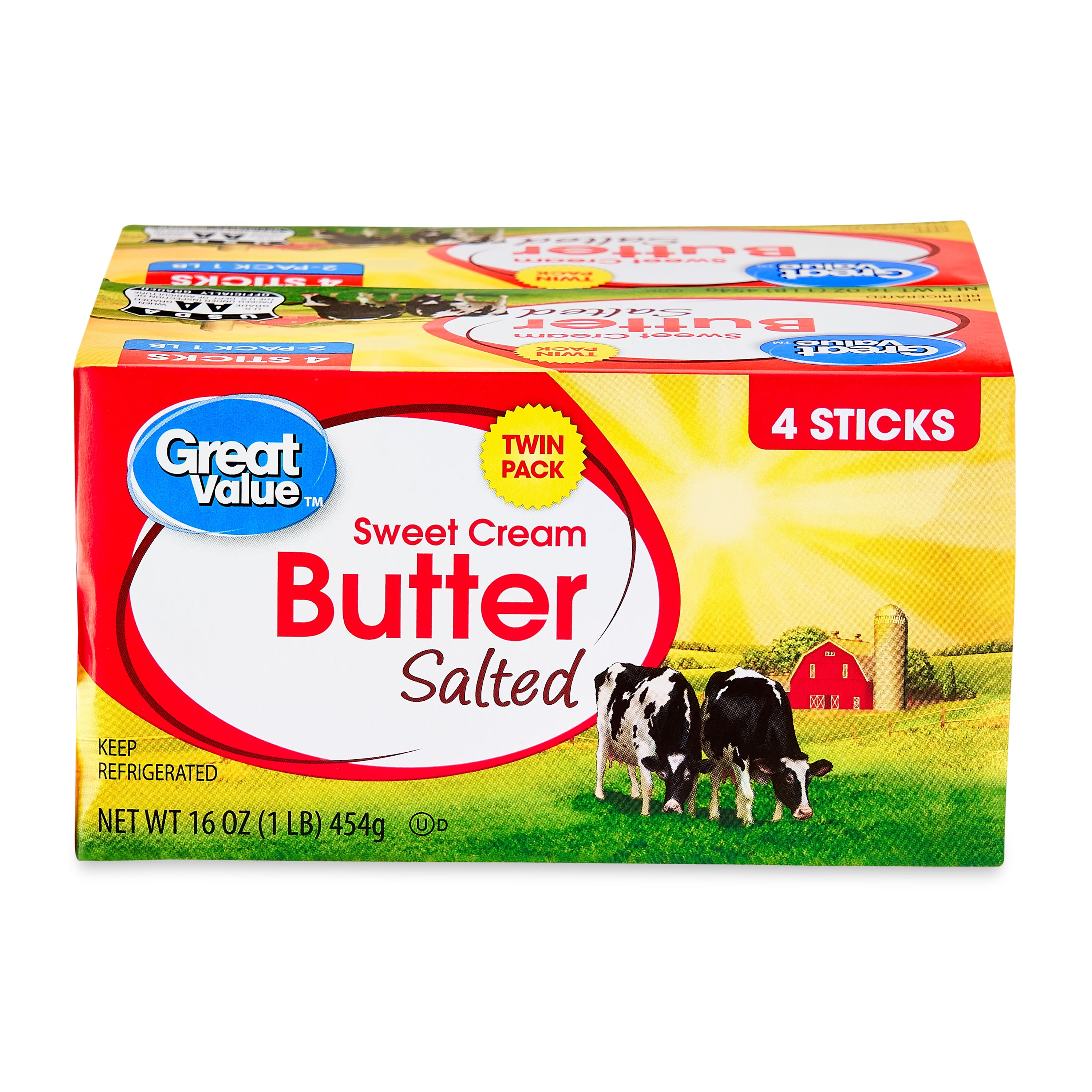Great Value Sweet Cream Salted Butter Twin Pack, 16 oz, 2 Count