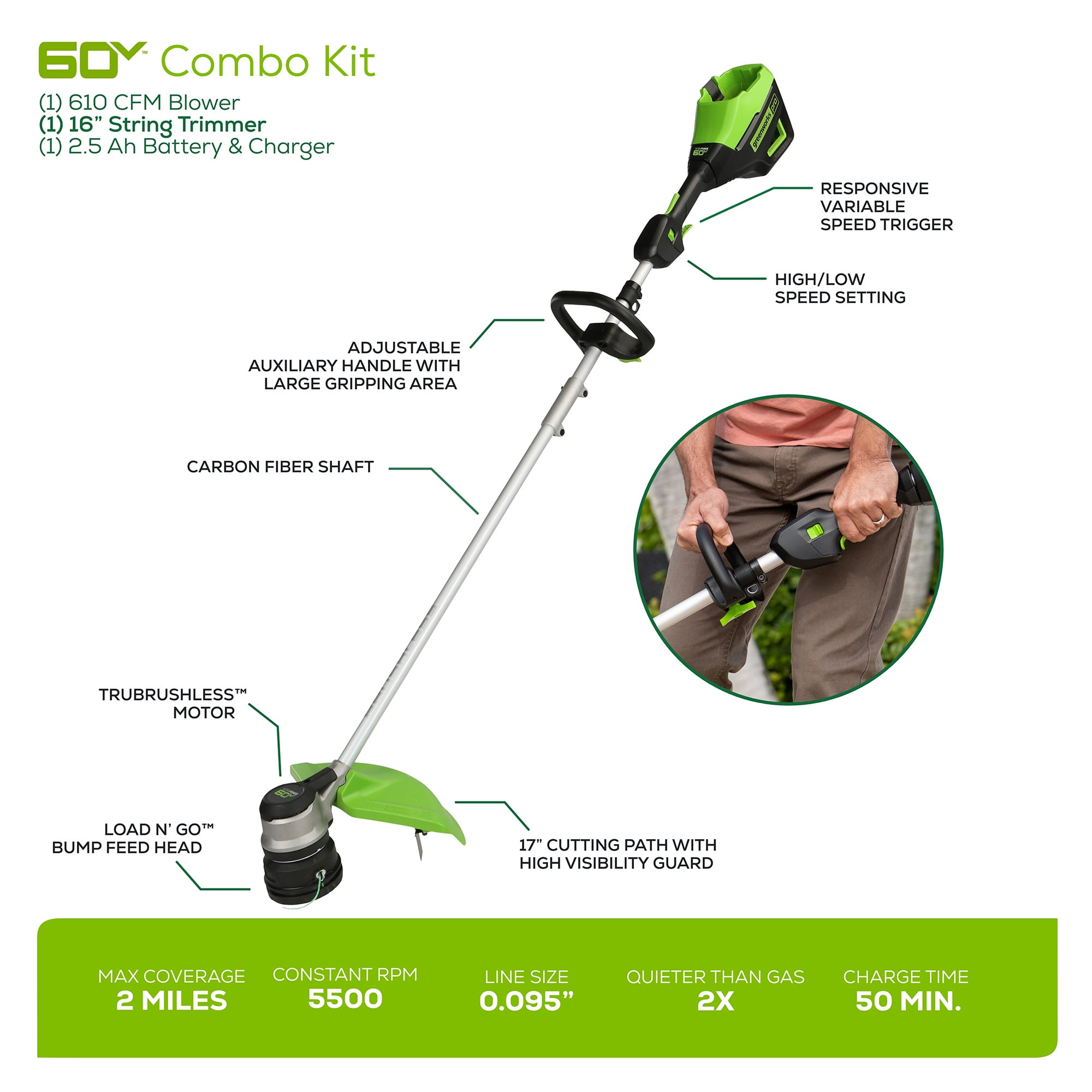 greenworkstools-60V 3PC Cordless Battery Combo Kit w/ String Trimmer, Blower & Hedge Trimmer