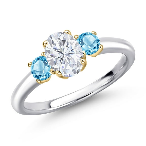 Gem Stone King 10K Two Tone Gold White Moissanite and Swiss Blue Topaz Engagement Ring for Women | 1.30 Cttw | Oval 7X5MM | Gemstone Birthstone | Size 9
