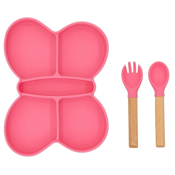 Baby Silicone Feeder Set, BabyX 3-pcs Butterfly-themed Baby Plate with Suction, Spoon and Fork for Babies Toddler Kids, BPA-Free, Baby Utensils Feeding Supplies, Microwave and Dishwasher Safe