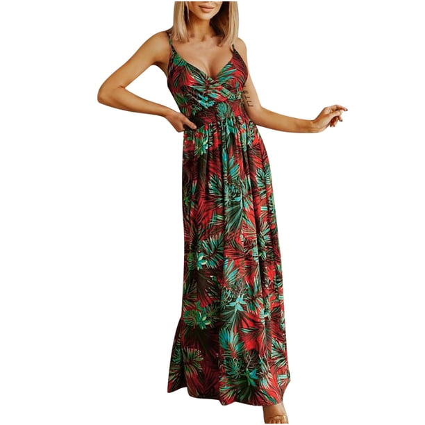 Falda larga para mujer con cuello en V y estampado bohemio con tirantes y cordones sin mangas Pompotops qwe13325