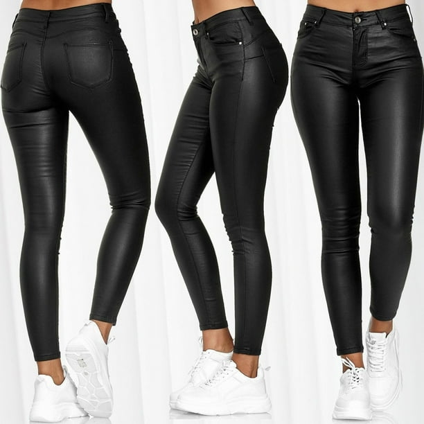Pantalones casuales de cuero de color sólido de cintura alta de Europa y América, pantalones de cuero PU, pantalones, ropa de mujer