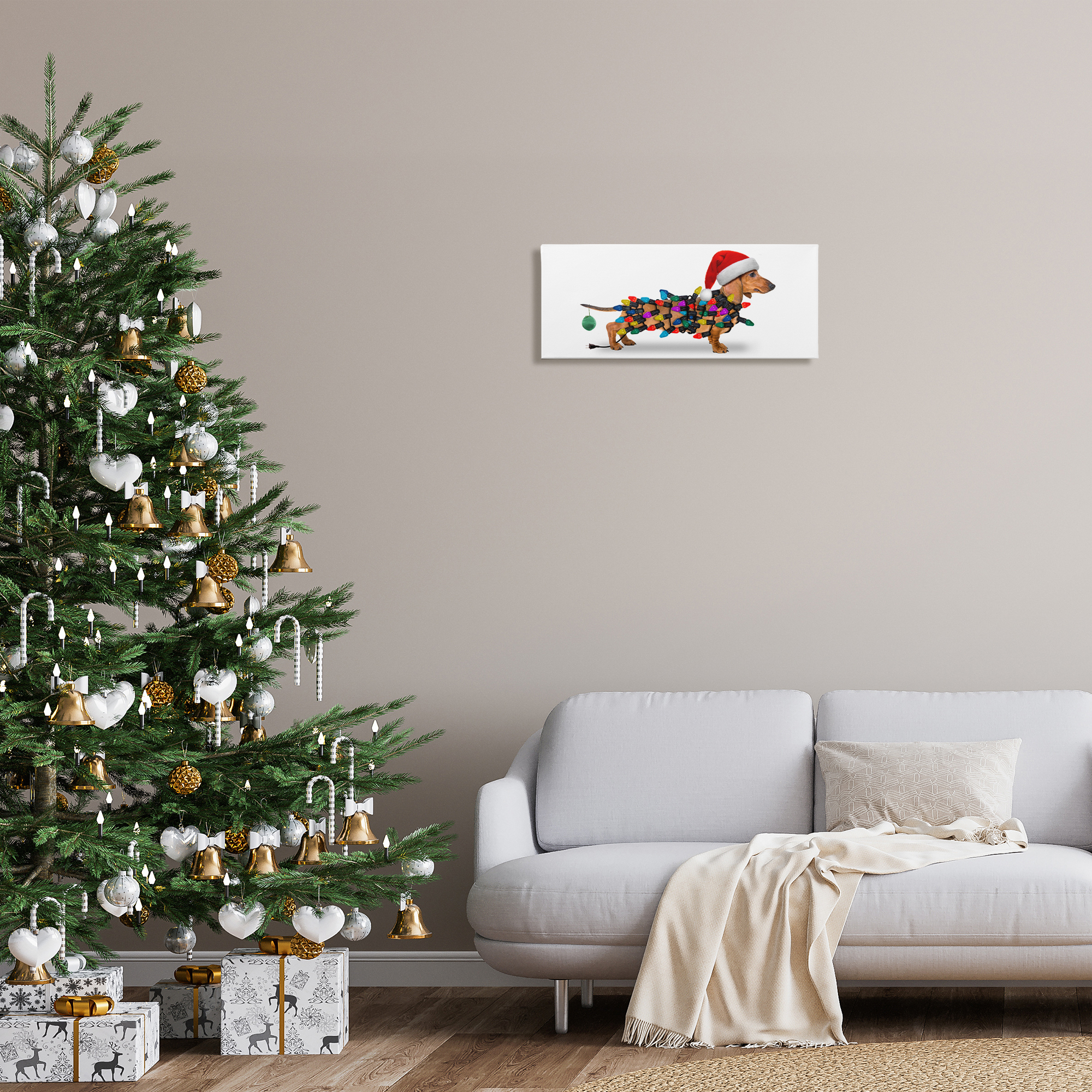 Stupell Industries Holiday Lights Dachshund Holiday Painting Gallery Wrapped Canvas Art Prints Wall Art, 24 x 10
