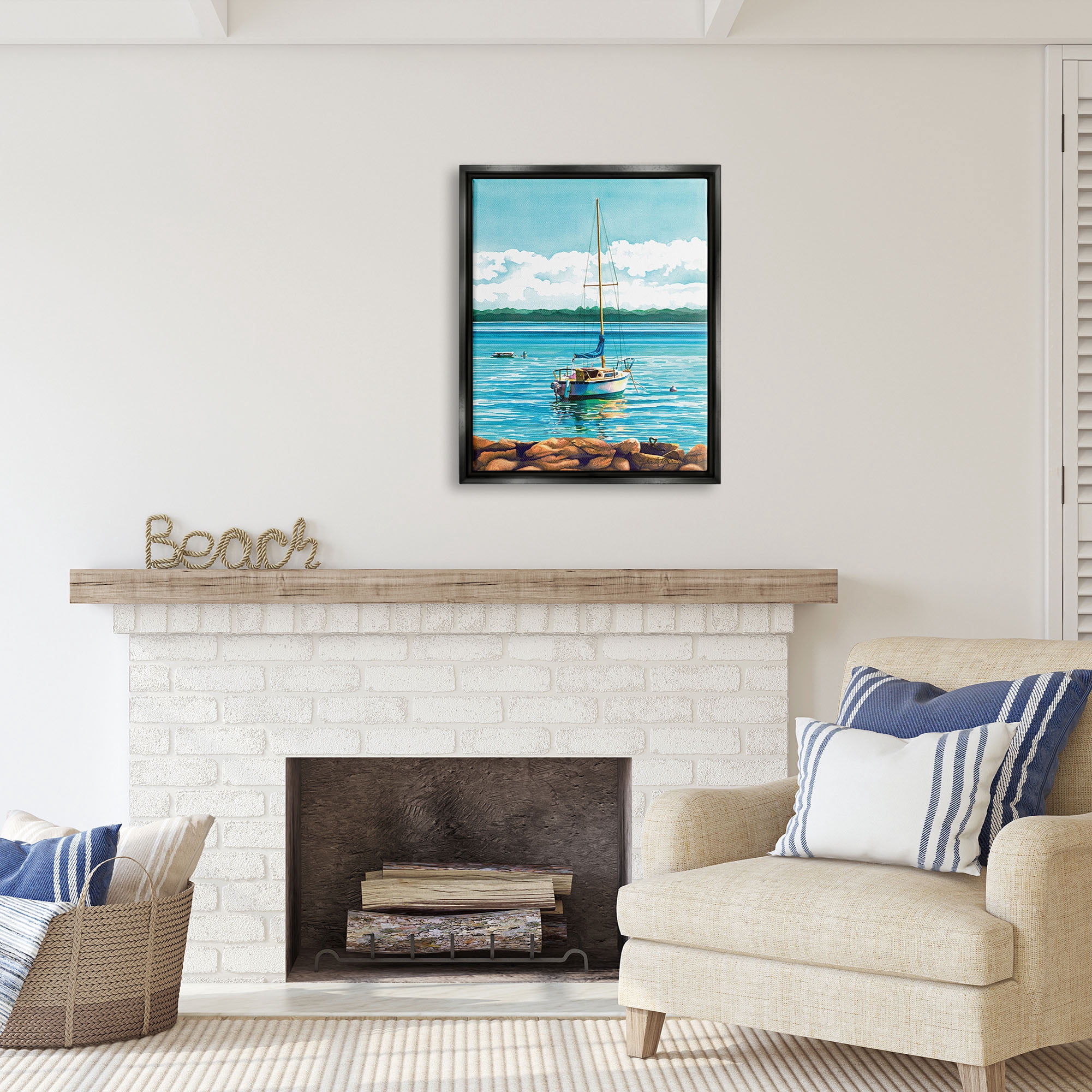 Stupell Industries Sailboat Rocky Shoreline Nature Painting Black Floater Framed Art Print Wall Art, 25 x 31