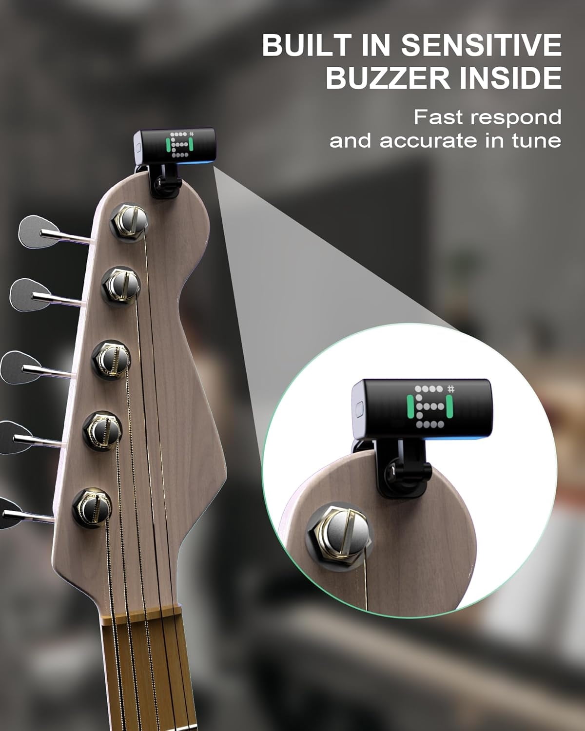 Guitar Tuner, Rechargeable Clip-On Tuner with LED Display, Mini Tuner for Acoustic, Electric Guitar, Bass, Violin, Ukulele, Super Bright Display to Read for Professional & Beginners (A10R)