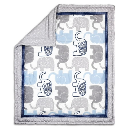 - The Peanut Shell Baby Crib Quilt - Little Peanut Blue and Grey Elephants - 100% Cotton Sateen Fabrics; 44 by 37 Inches