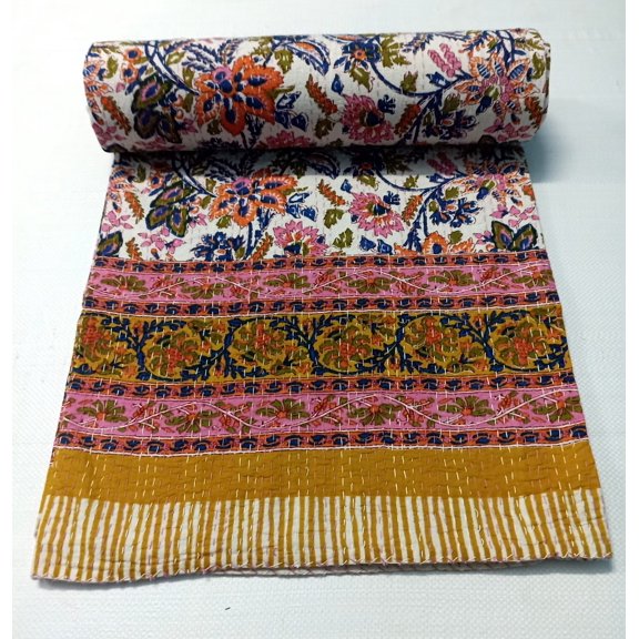 Vinsan International Indian Handmade Cotton Kantha Quilt Tribal Bed Cover Bedspread Blanket Picnic Throw Coverlet Reverisble Bed Throw Queen Size 90" x 108"
