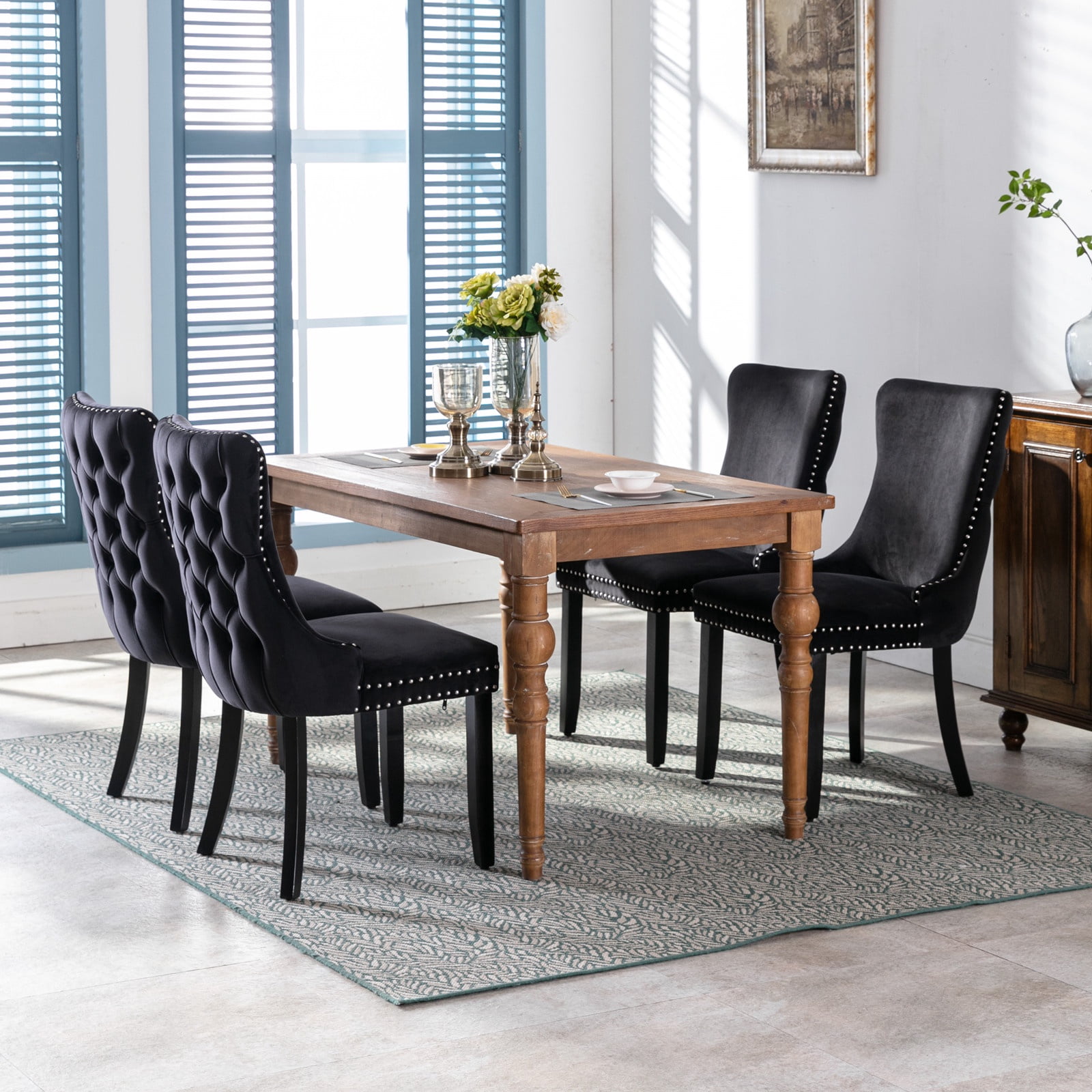 PORKISS Upholstered Dining Chairs Set of 2, Armless Side Chairs with Backstitching Nailhead Trim and Solid Wood Legs, Modern Velvet High Back Chairs, Black