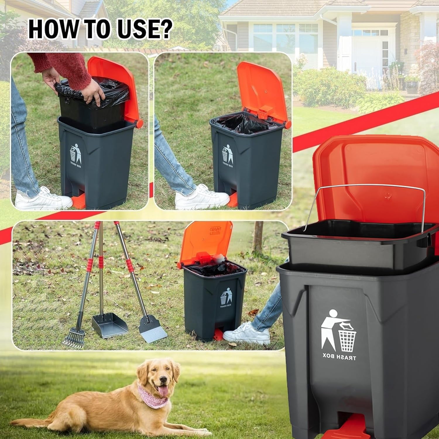 Dog Pooper Scooper Set,Dog Poop Tray and Rake Set for Large & Small Dogs Dog Pet Waste Tool 15 Litre Step Dog Poop Trash Can Outside W/Removable Inner Bucket with 20 Waste Bags
