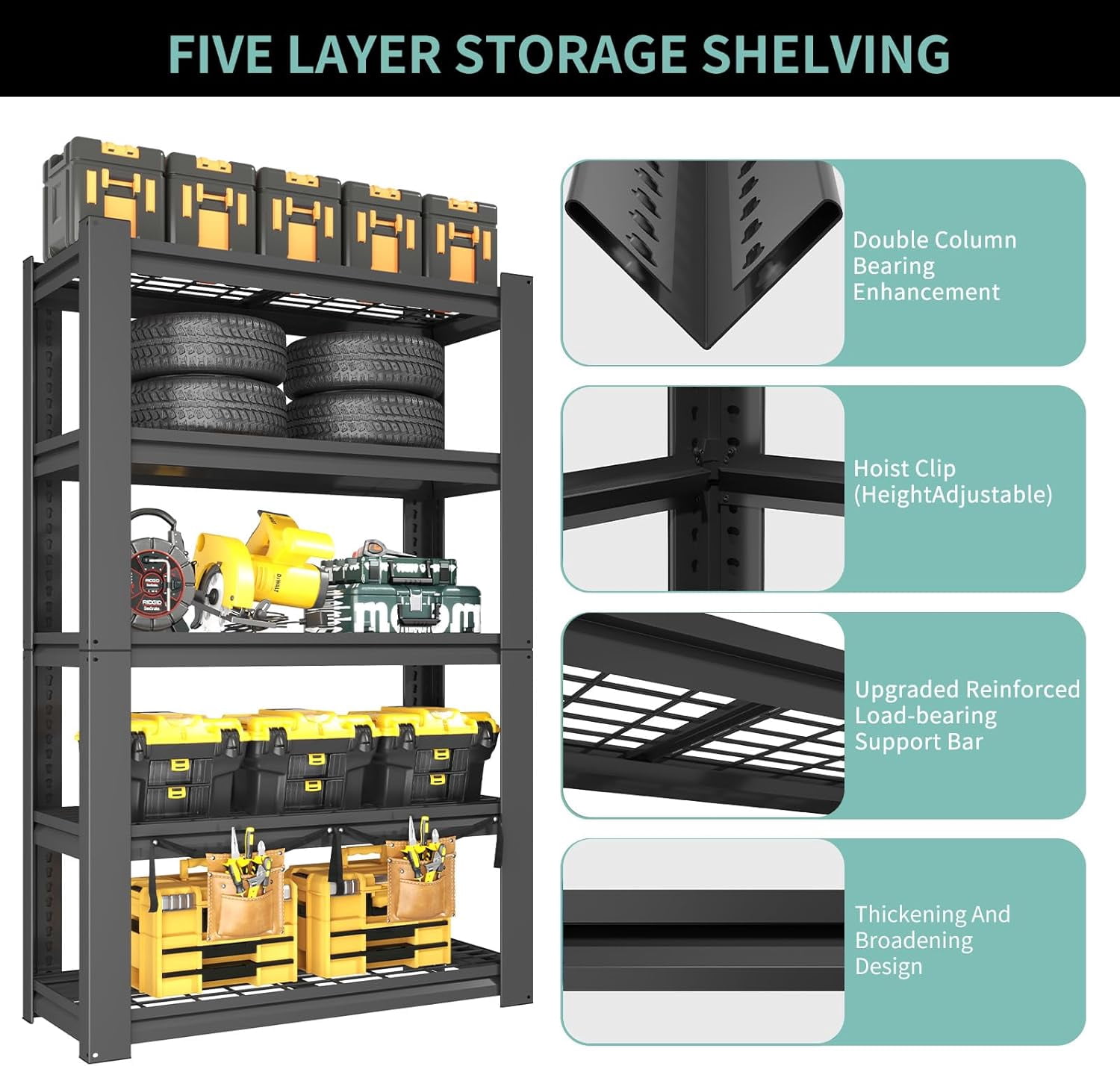 72"H|36"W Garage Shelving Heavy Duty, Metal Garage Shelves, Adjustable 5 Tiers Storage Shelves, Garage Industrial Shelving Utility Racks for Kitchen, Industrial, Warehouse, Basement, Garage, Gym