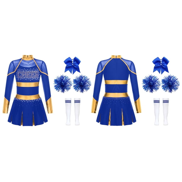 Aislor Girls Cheerleading Outfit Cheer Leader Costume with Accessories Pleated Skirt Set School Fancy Dress for Party B Blue Dance Outfit 10